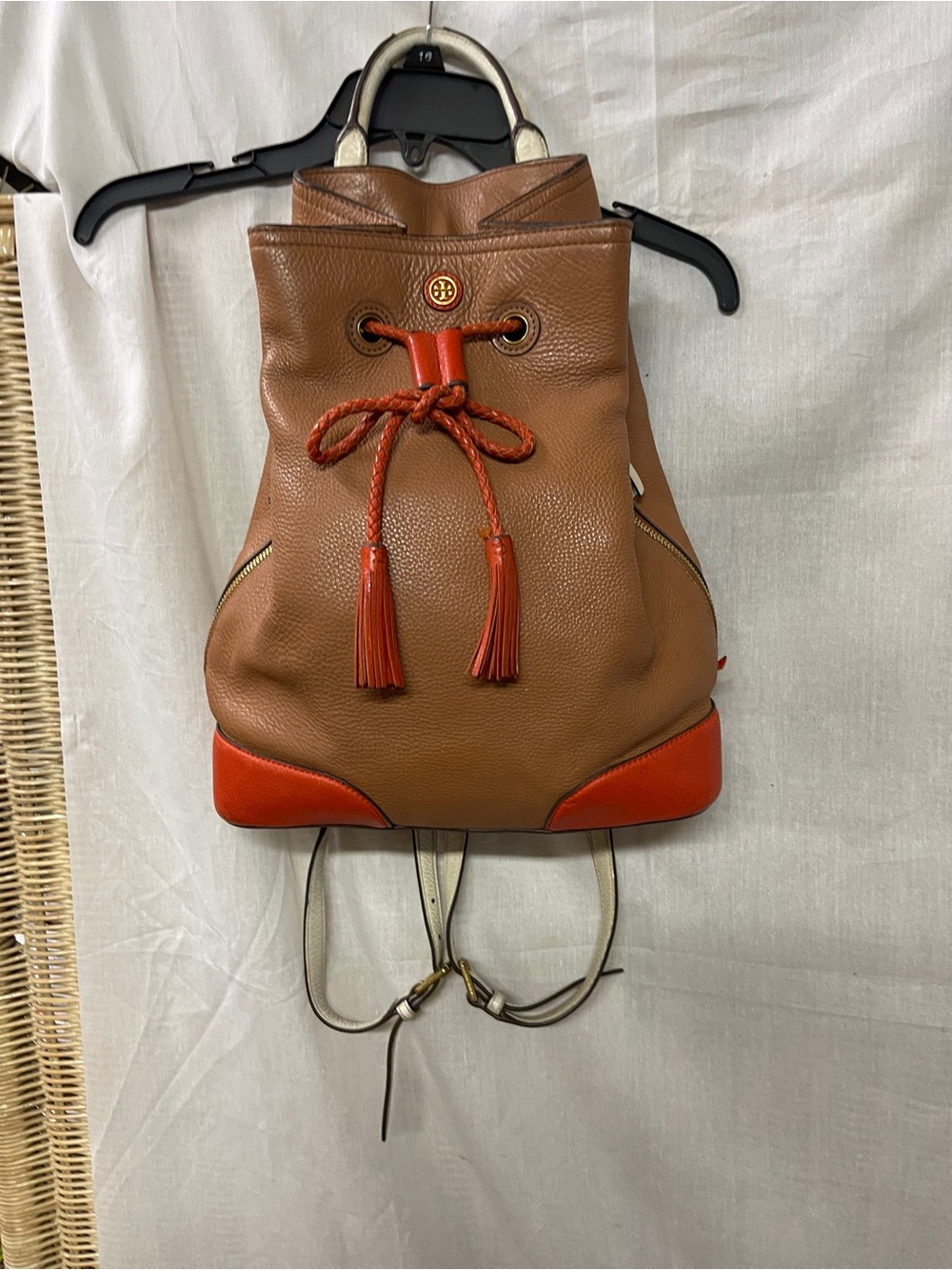 Signature Style Leather Backpack Bucket Bag Brown & Burnt Orange Trim 11.5”hX12w